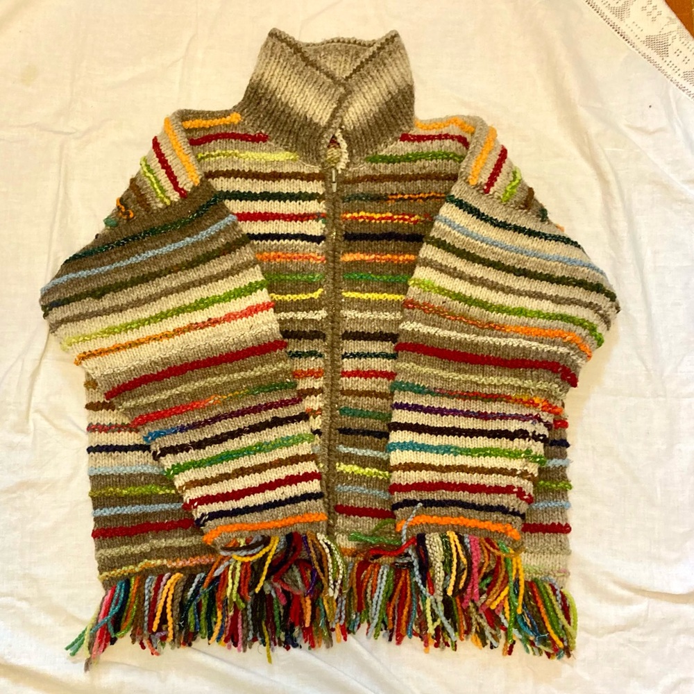 Fringe Thick Multicolor Sweater hand-knit in Ecuador 100% Wool XXL